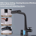 Modern Matte Black Waterfall Kitchen Faucet with Temperature Display and Pull Down Sprayer, Zinc Construction, 15.75-Inch Height