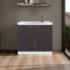 Napoles Utility Sink with Faucet Inclued and Integrated Stainless Steel Counter top, Freestanding cabinet with two doors, Metal Handles and Two interior shelves, Black & White Print