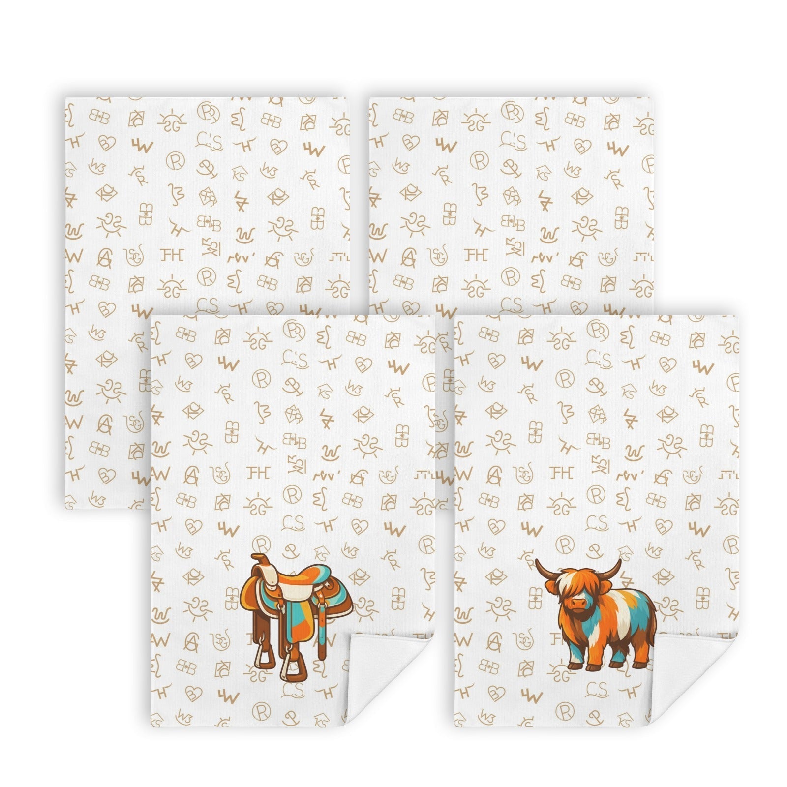 Set of 4 Minimalistic Western Highland Cow Cattle Brands Kitchen Towels Made in America Baha Ranch Western Wear