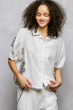 POL Button Down Embroidered Floral Short Sleeve Shirt