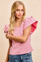 BiBi Heart Patterned Knit Ruffled Sleeves Top