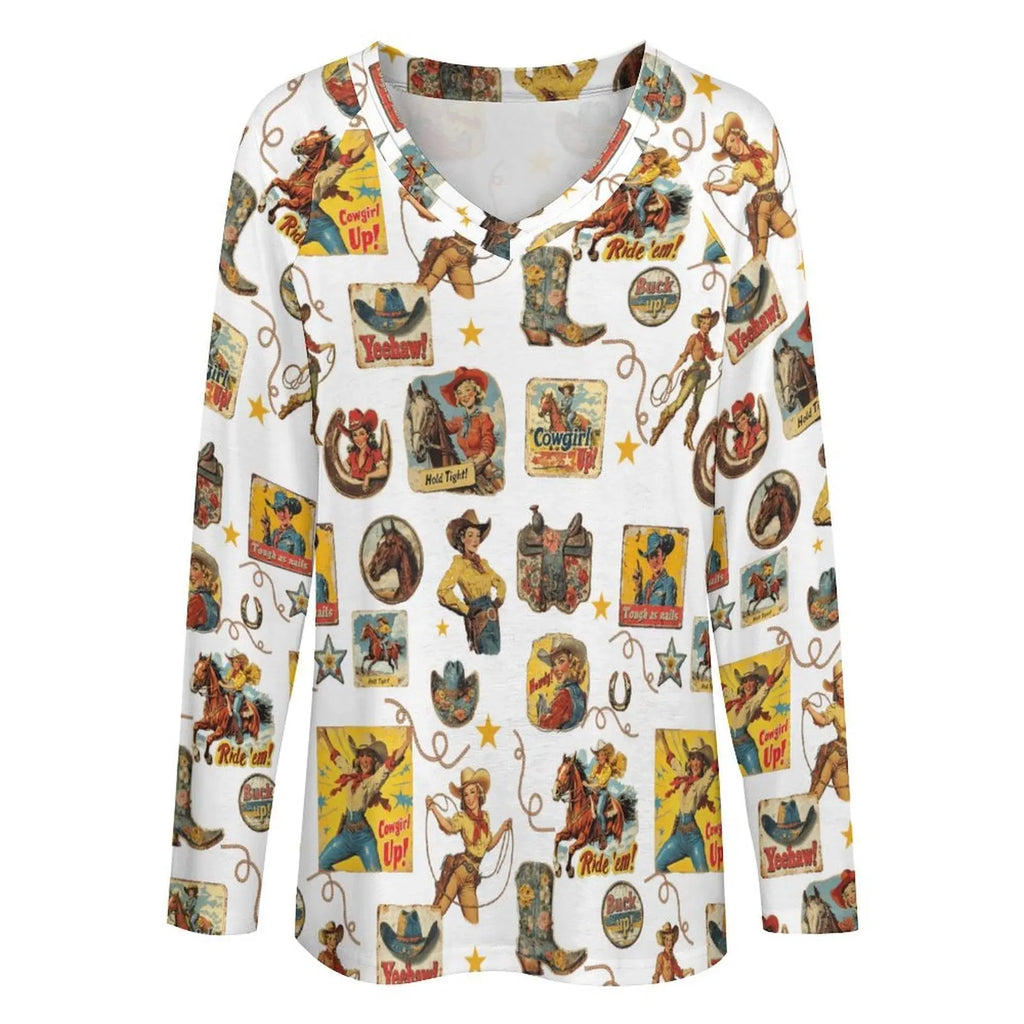 Baha Ranch Vintage Cowgirl Collage Western Print Long Sleeve Top Baha Ranch Western Wear