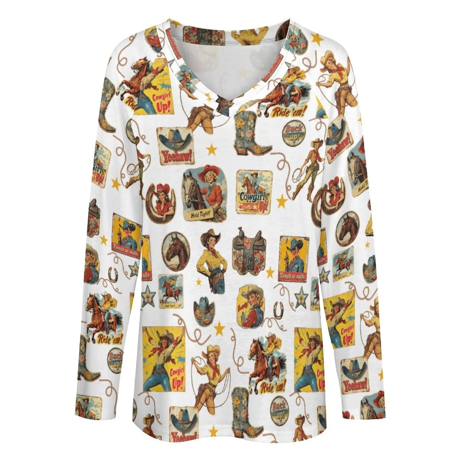 Baha Ranch Vintage Cowgirl Collage Western Print Long Sleeve Top Baha Ranch Western Wear