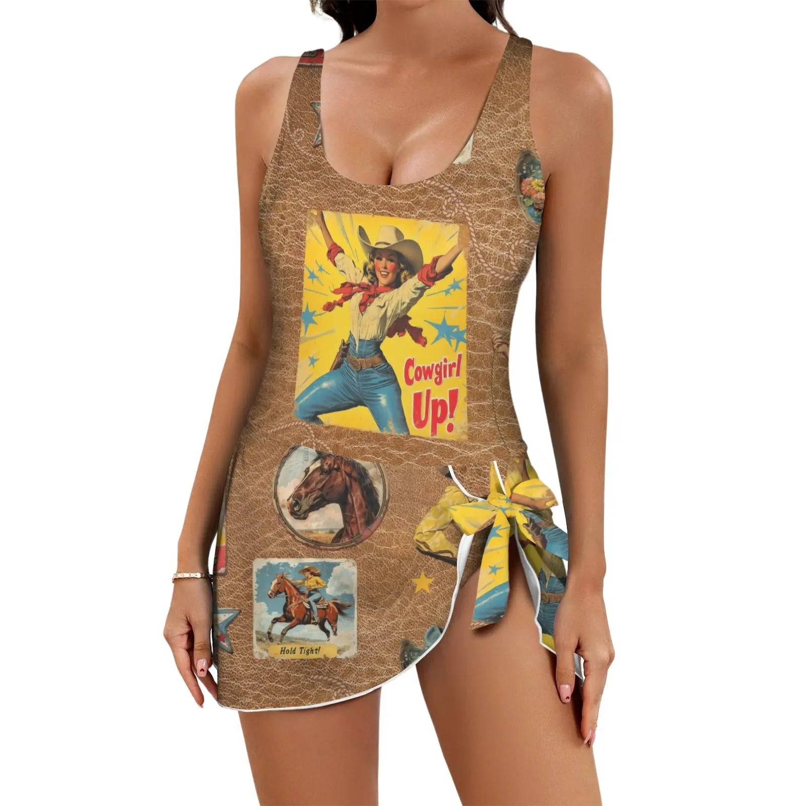 Baha Ranch Vintage Cowgirl Collage Skirted Swim Suit Baha Ranch Western Wear