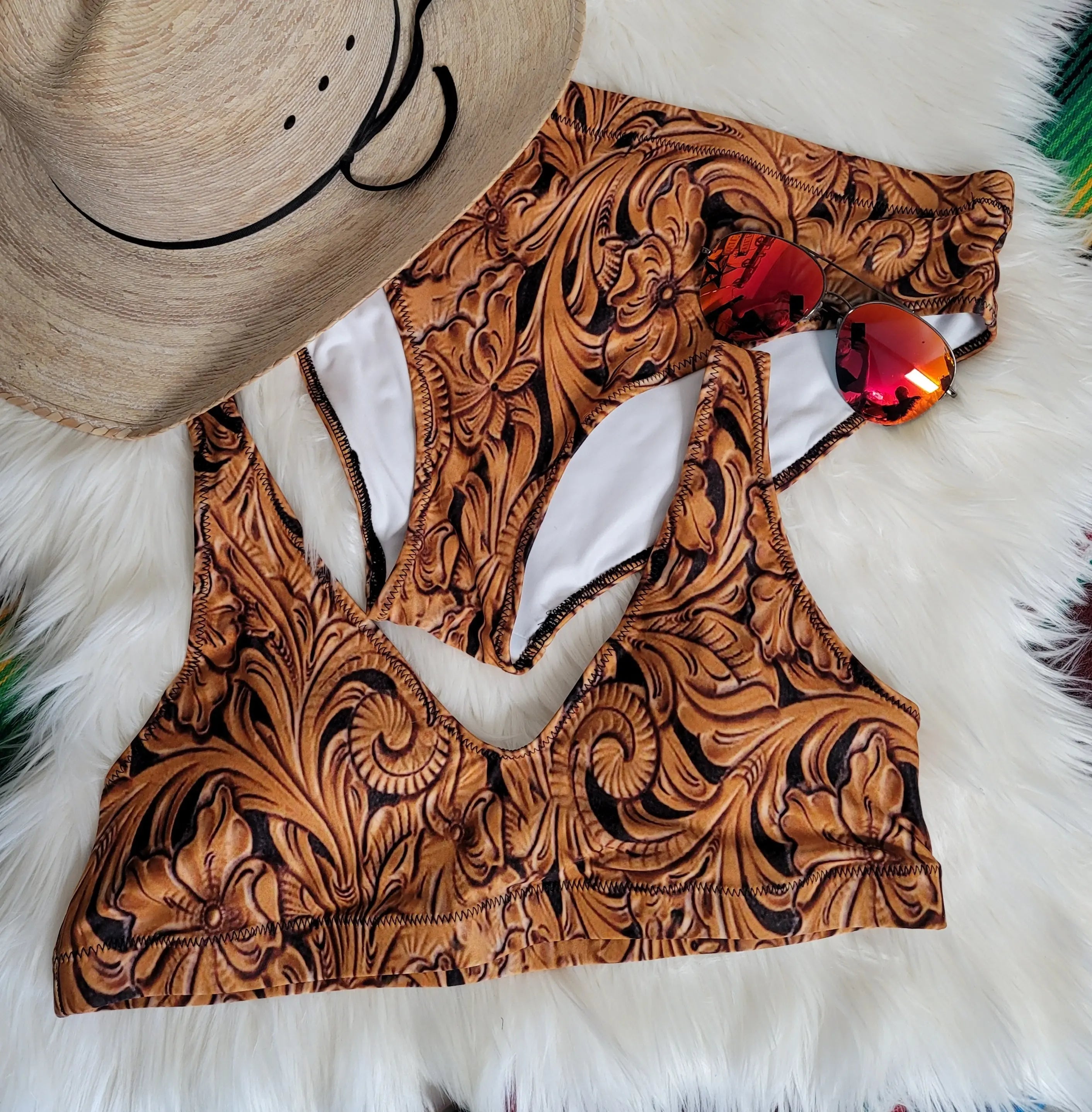Yeehaw Tooled Leather Print Bikini Baha Ranch Western Wear