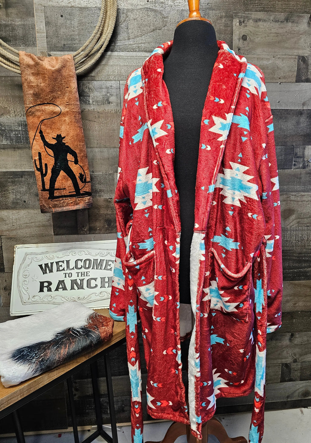 Burgundy Aztec Women's Western Bath Robe Baha Ranch Western Wear