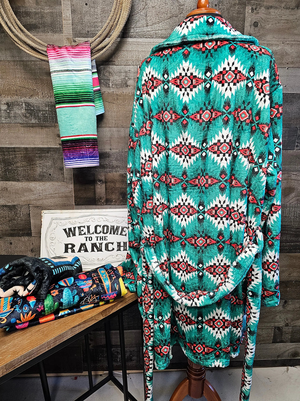 Teal Aztec Women's Western Bath Robe Baha Ranch Western Wear
