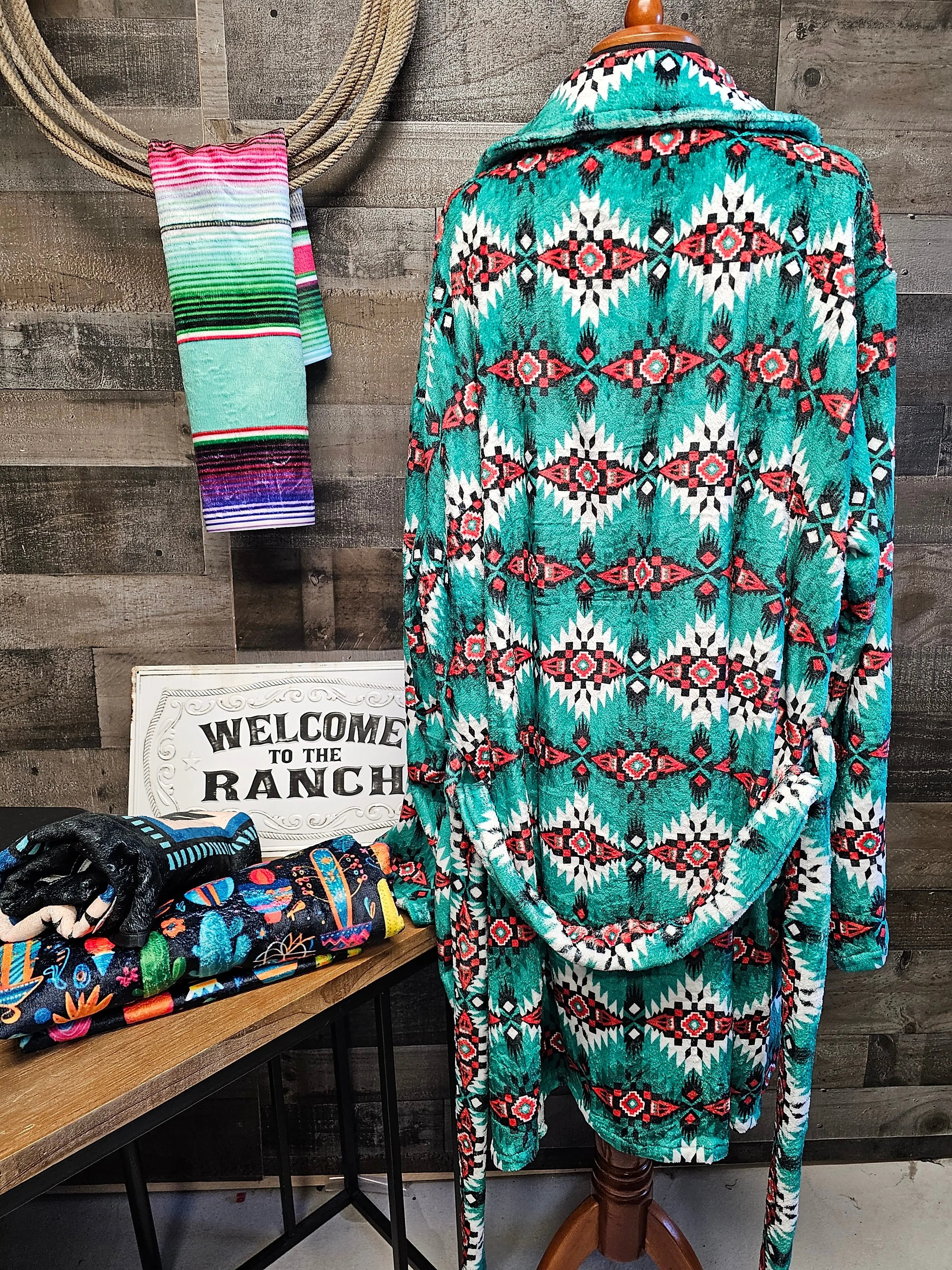Teal Aztec Women's Western Bath Robe Baha Ranch Western Wear