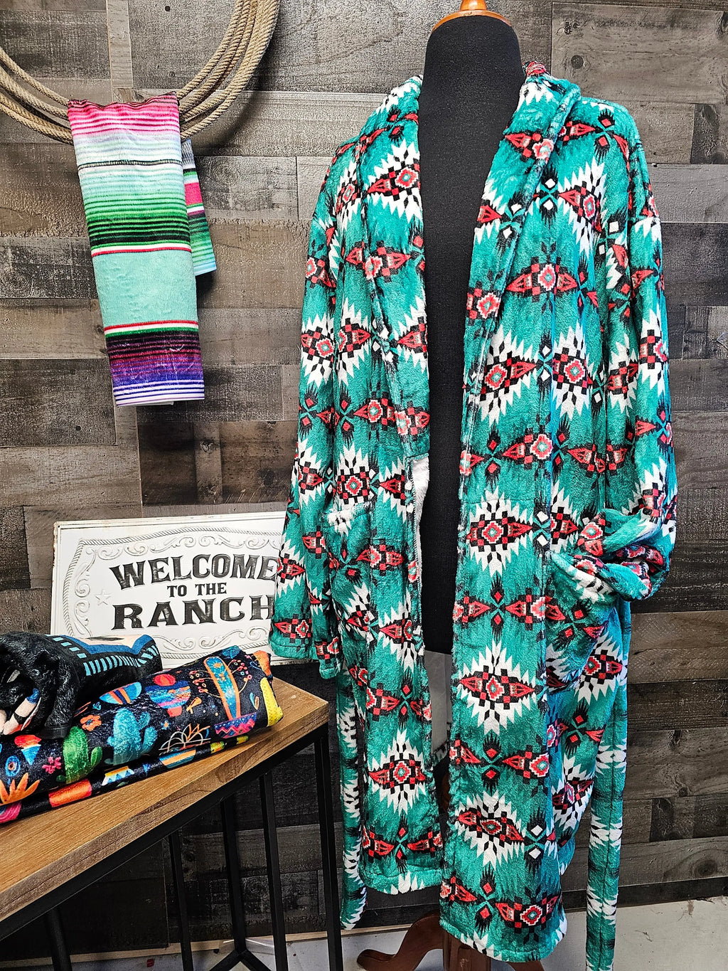 Teal Aztec Women's Western Bath Robe Baha Ranch Western Wear