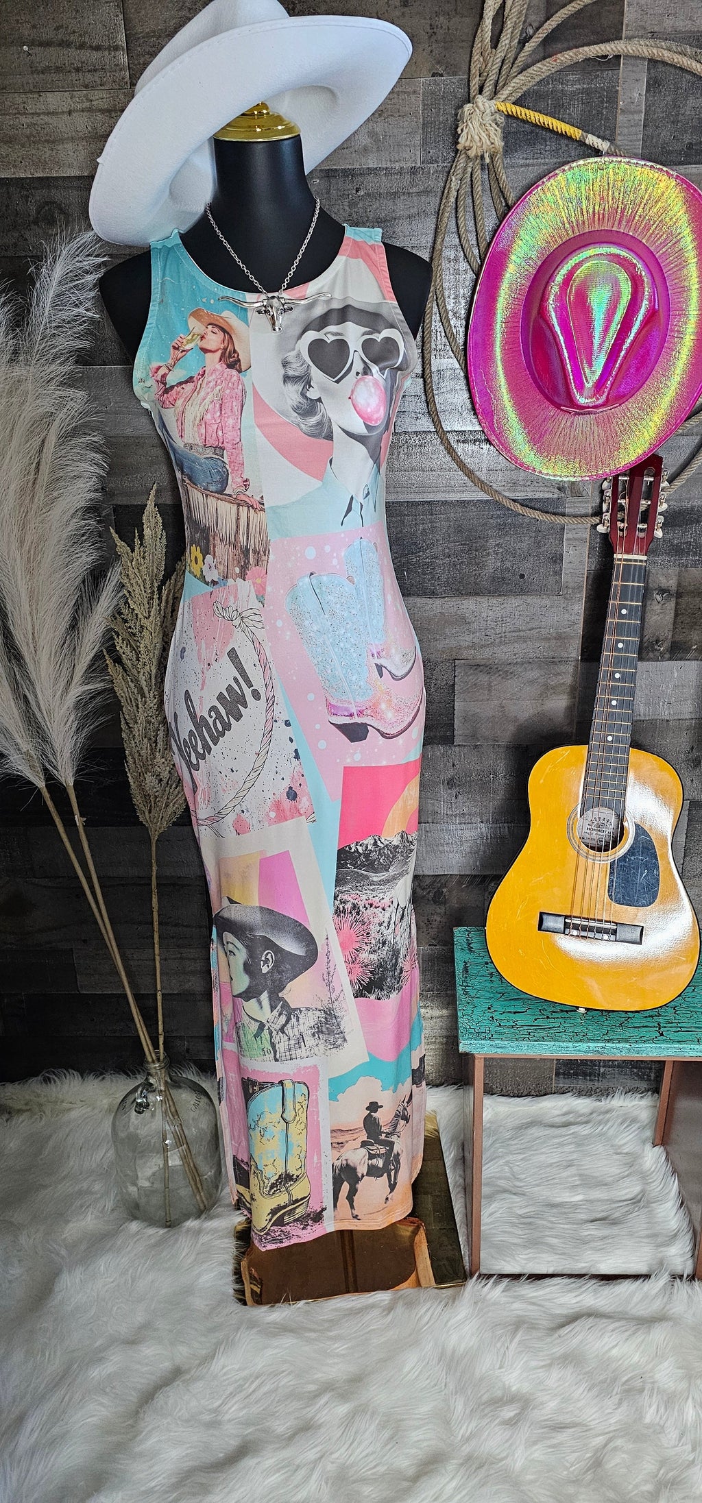 Baha Ranch Retro Pop Western Bodycon Side Slit Maxi Dress Baha Ranch Western Wear