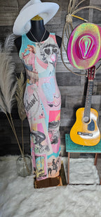 Baha Ranch Retro Pop Western Bodycon Side Slit Maxi Dress Baha Ranch Western Wear