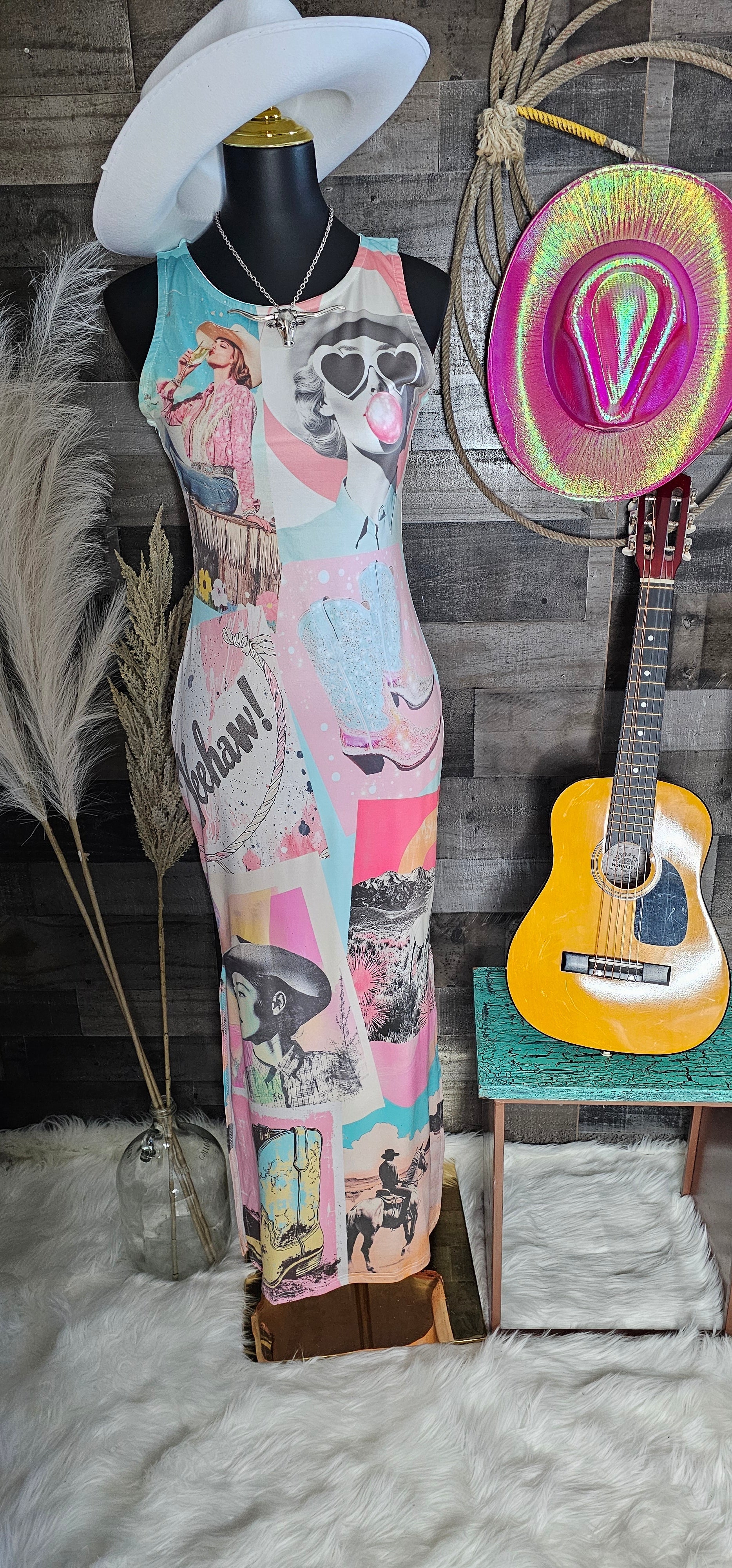 Baha Ranch Retro Pop Western Bodycon Side Slit Maxi Dress Baha Ranch Western Wear