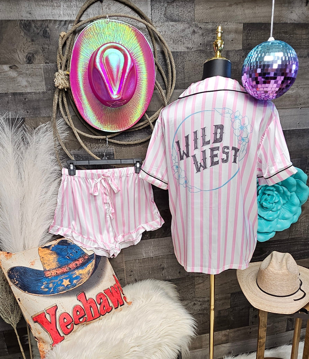 Baha Ranch Retro Pop Western Wild West Pink Pin Stripe Satin Pajamas Baha Ranch Western Wear
