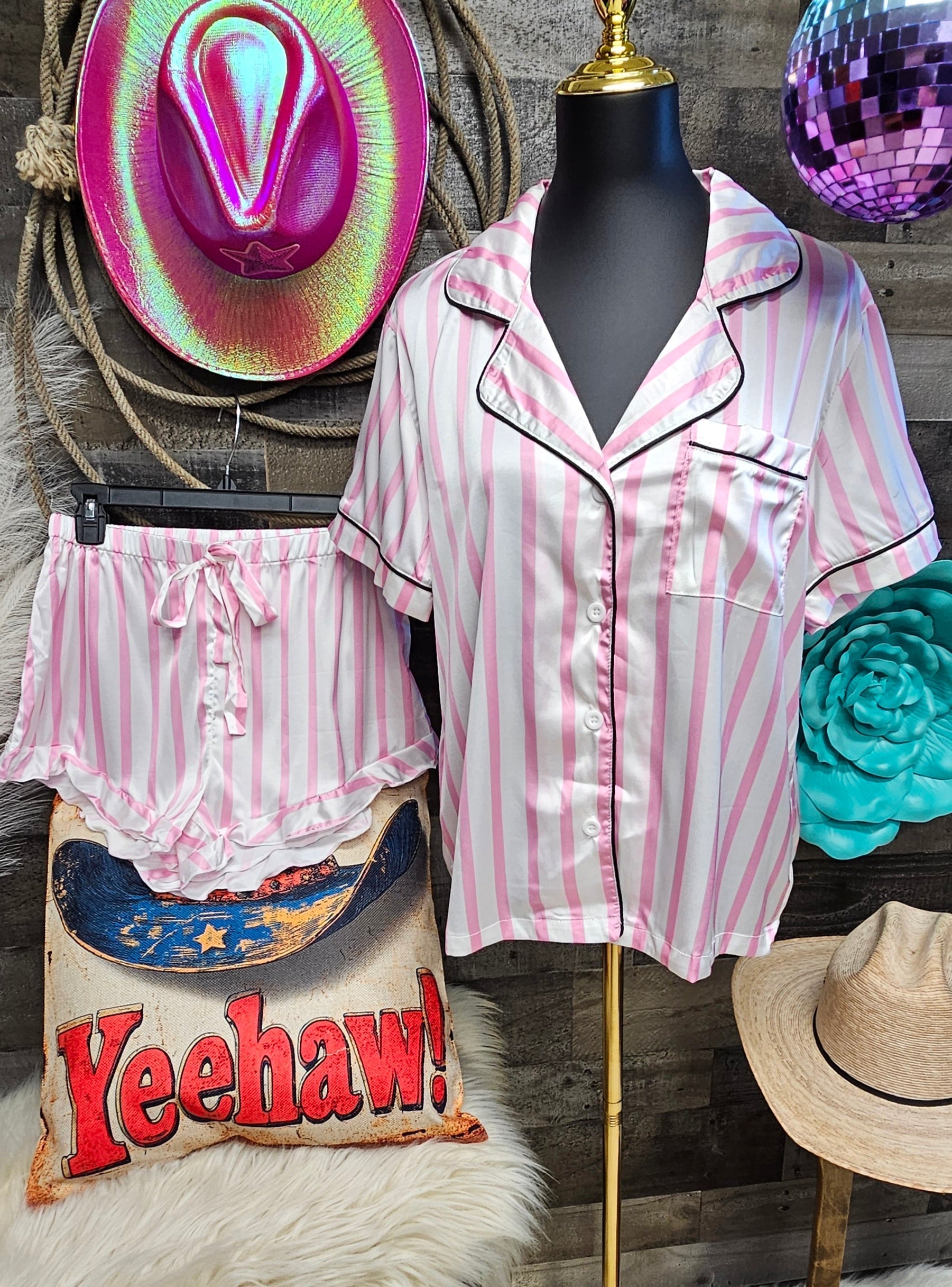Baha Ranch Retro Pop Western Wild West Pink Pin Stripe Satin Pajamas Baha Ranch Western Wear