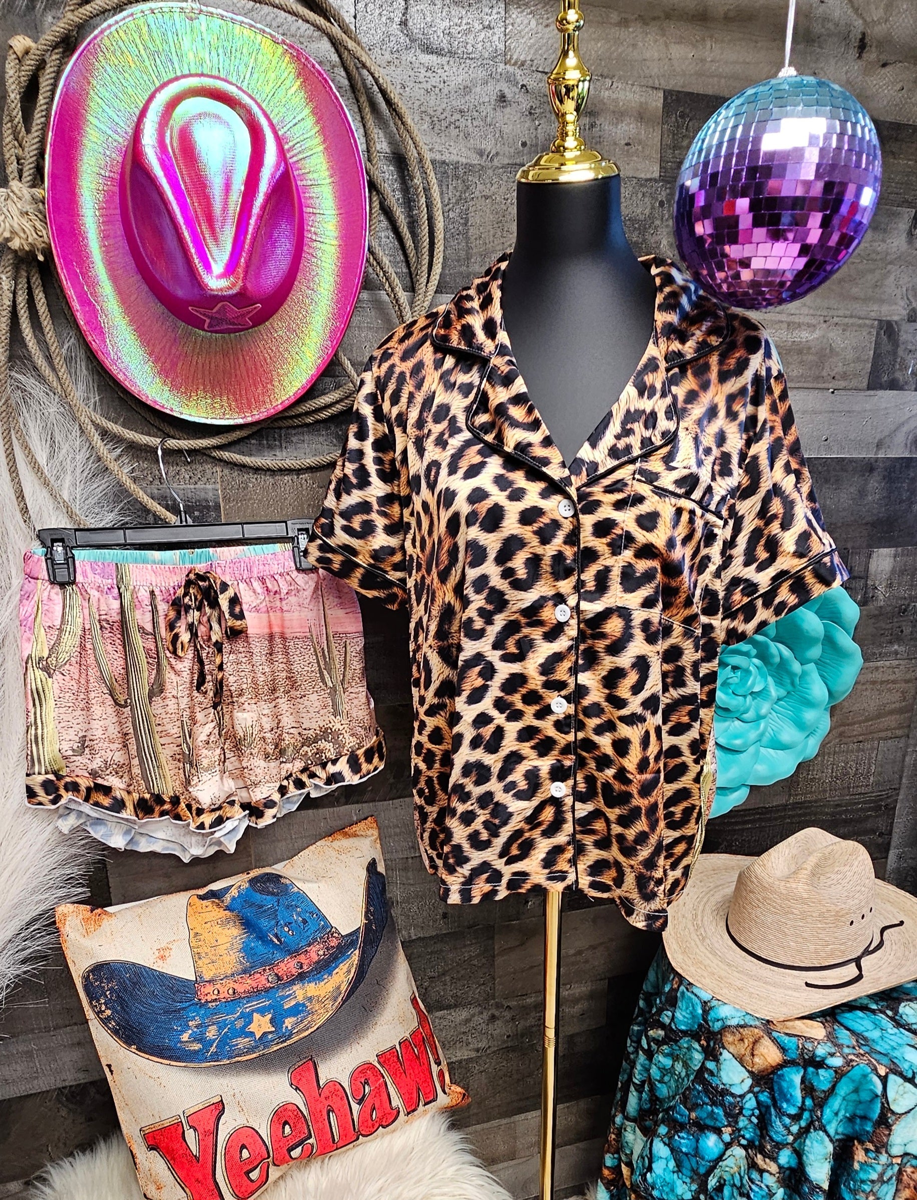 Baha Ranch Retro Pop Western Leopard Desert Cowgirl Satin Pajamas Baha Ranch Western Wear