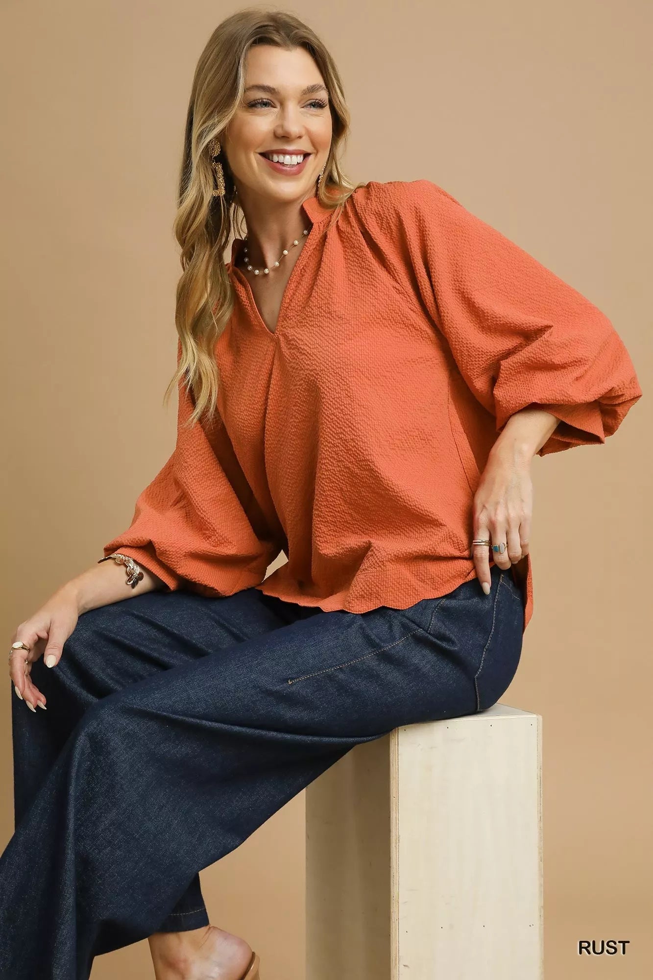 Umgee Textured Notched Balloon Sleeve Blouse with Scalloped Hem