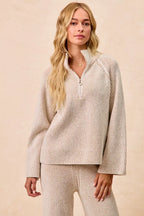 BiBi Two Tone Rib Texured Knit Collared Top with Zip Up