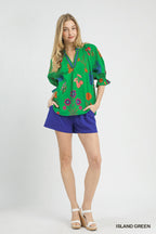 Umgee Floral Split Neck Puff Sleeve Top