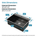 Stainless Steel Kitchen Sink, 30″x22″ Single Bowl, Overmount Handmade Sink in Black, with Cutting Board, Colander
