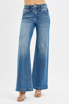 RISEN High Rise Wide Leg Jeans with Front Yoke and Heart Back Pocket