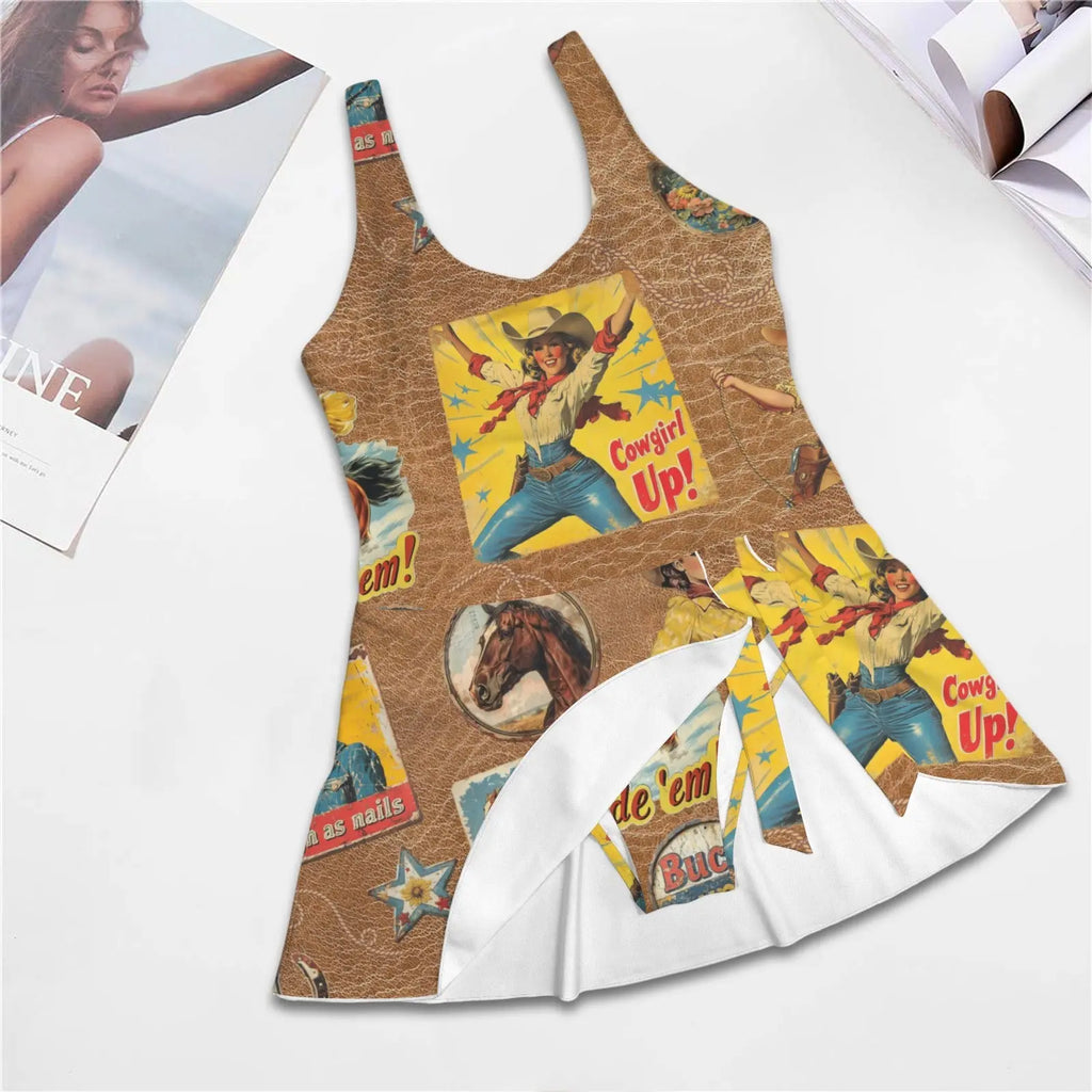 Baha Ranch Vintage Cowgirl Collage Skirted Swim Suit Baha Ranch Western Wear