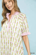 Umgee Striped Trim Floral Tiered Mini Dress