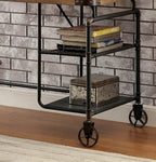 Industrial Inspired Desk With An Antique Black Metal Construction Replicated Wood Top And Caster Wheel Accents