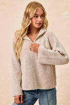 BiBi Two Tone Rib Texured Knit Collared Top with Zip Up