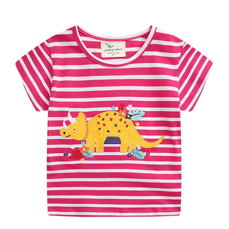 Girls Short Sleeve T Shirt Summer Embroidered Dinosaur