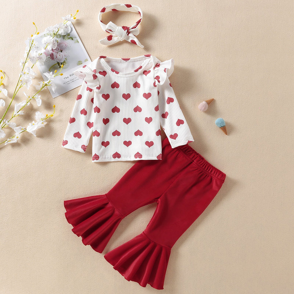 Infant Children's Valentine's Day White Love Top Flared Trousers Two-Piece Set