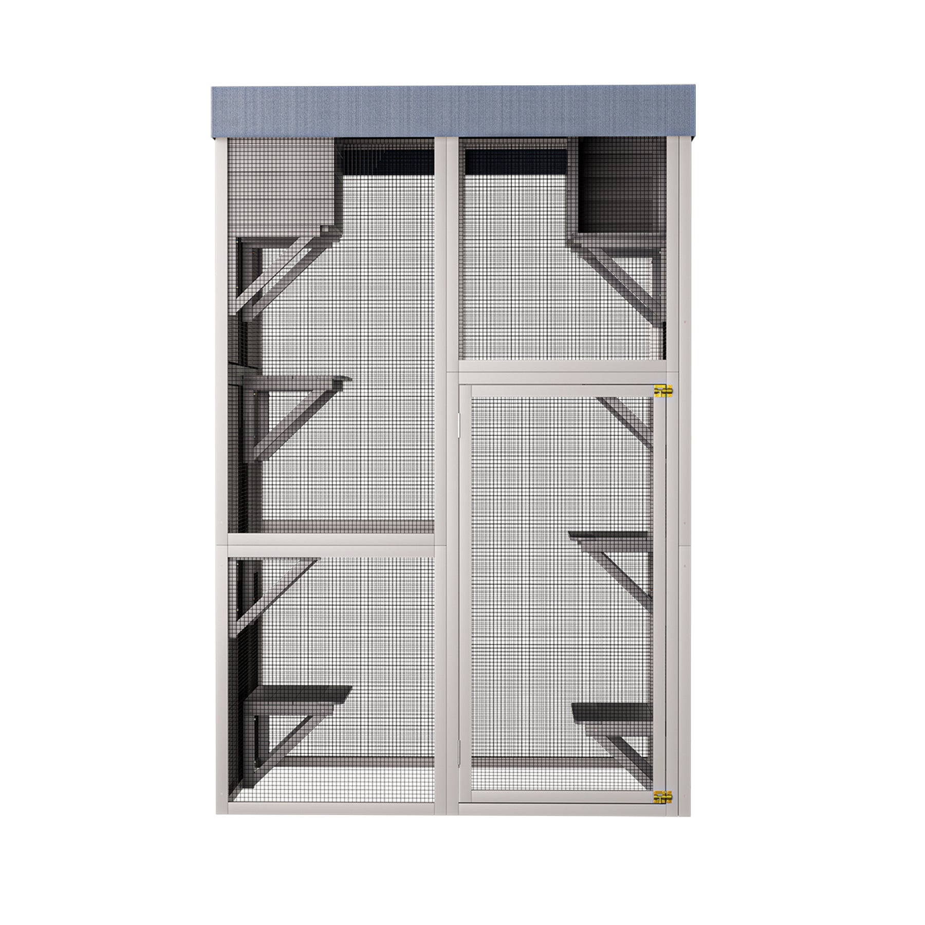 70.5＂ Tall Wooden Catio Outdoor Cat Enclosure, Gray Cat House Large Solid Wood Cage Playpen with 6 Jumping Platforms & 2 Napping Houses, Movable tarp cover