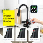 3-in-1 Matte Black Kitchen Faucet with LED Temperature Display, Press-Type Glass Rinser, Pull-Down Sprayer, 3 Spray Modes
