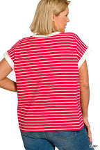 Zenana Full Size Contrast Trim Cap Sleeve Stripe Tee Plus Size
