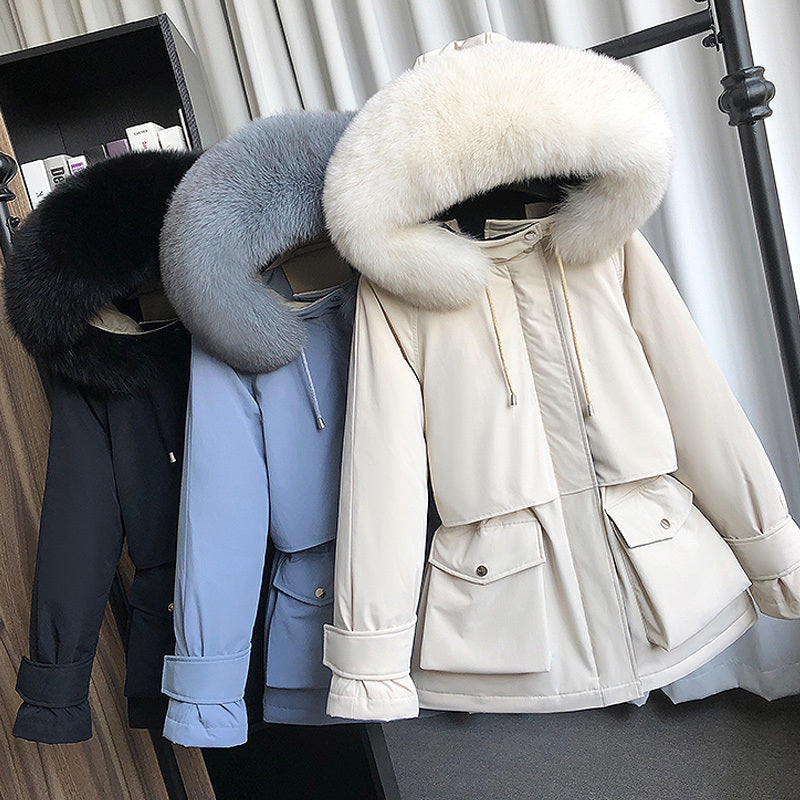 Large Natural Raccoon Fox Fur Hooded Winter Down Coat