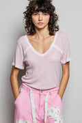 POL Lace Detail V-Neck Short Sleeve Textured T-Shirt