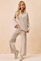 BiBi Two Tone Rib Texured Knit Collared Top with Zip Up