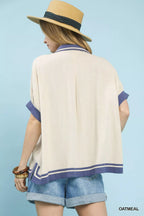 Umgee Linen Button Front Top with Contrast Piping