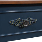 Retro Curved Wood Console Table, 52 inch Circular Half Moon Sofa Table with Open Shelf and 2 Drawers, Solid Wood Entry Table for Living Room, Hallway, Navy Blue + Brown Top
