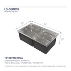 Stainless Steel Kitchen Sink, 32″x19″ Double Bowl in Brushed Nickel, Overmount Handmade Sink, with US Standard Drain and Hook, LS-SSBR03