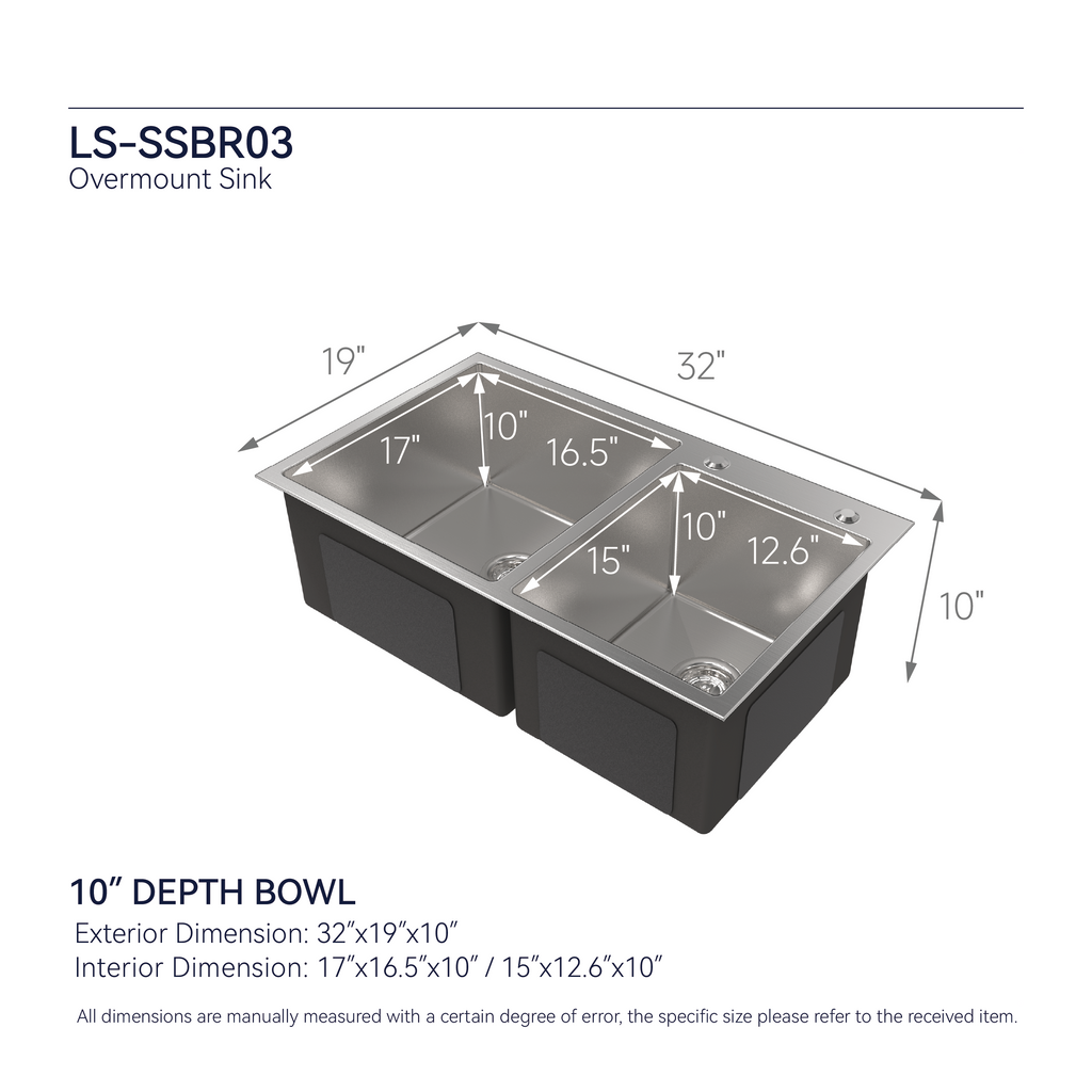 Stainless Steel Kitchen Sink, 32″x19″ Double Bowl in Brushed Nickel, Overmount Handmade Sink, with US Standard Drain and Hook, LS-SSBR03
