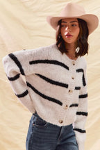 SO ME Stripe Soft Touch Button Cozy Sweater Cardigan