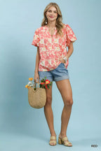 Umgee Floral Button-Front Short Sleeve Shirt