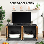 Modern Black Double Litter Box Enclosure with Rattan Doors for Two Cats, 47' L x 19.8' W x 21.8' H