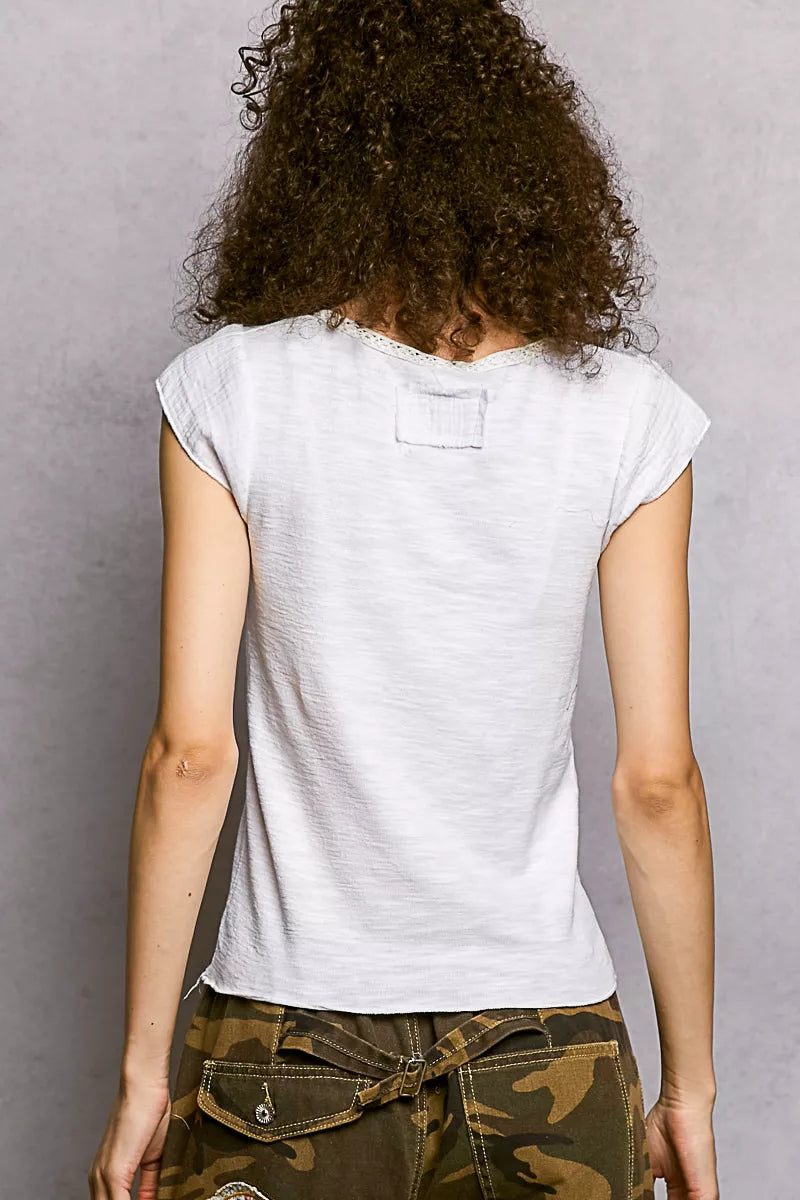 POL V-Neck Lightweight Textured Short Sleeve Knit Top with Lace Trim