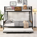 Modern Twin Over Full Metal Bunk Bed with Trundle and Dual Side Ladder, Black & Brown MDF and Metal Design, Easy Assembly