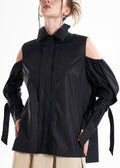 Quarta Open Shoulders Black Premium Poplin Shirt