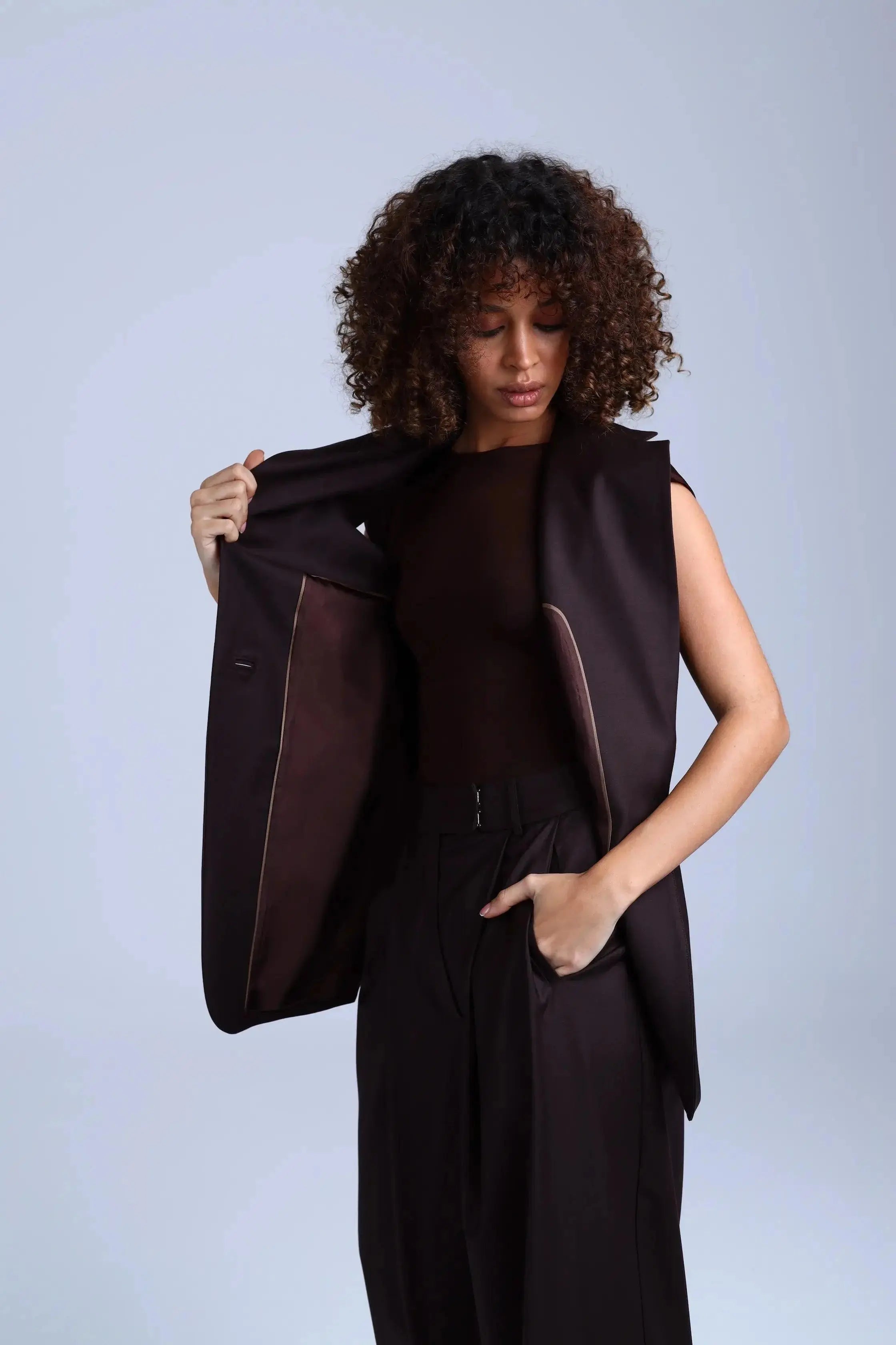Broadway Monica Longline Virgin Wool Waistcoat in Dark Coffee ETNA