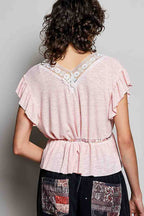 POL Tied Ruffled V-Neck Short Sleeve Blouse with Lace Detail