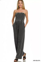 Zenana Acid Washed Strapless Tube Top Jumpsuit