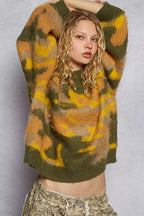 POL Mock Neck Abstract Colorblock Pattern Sweater